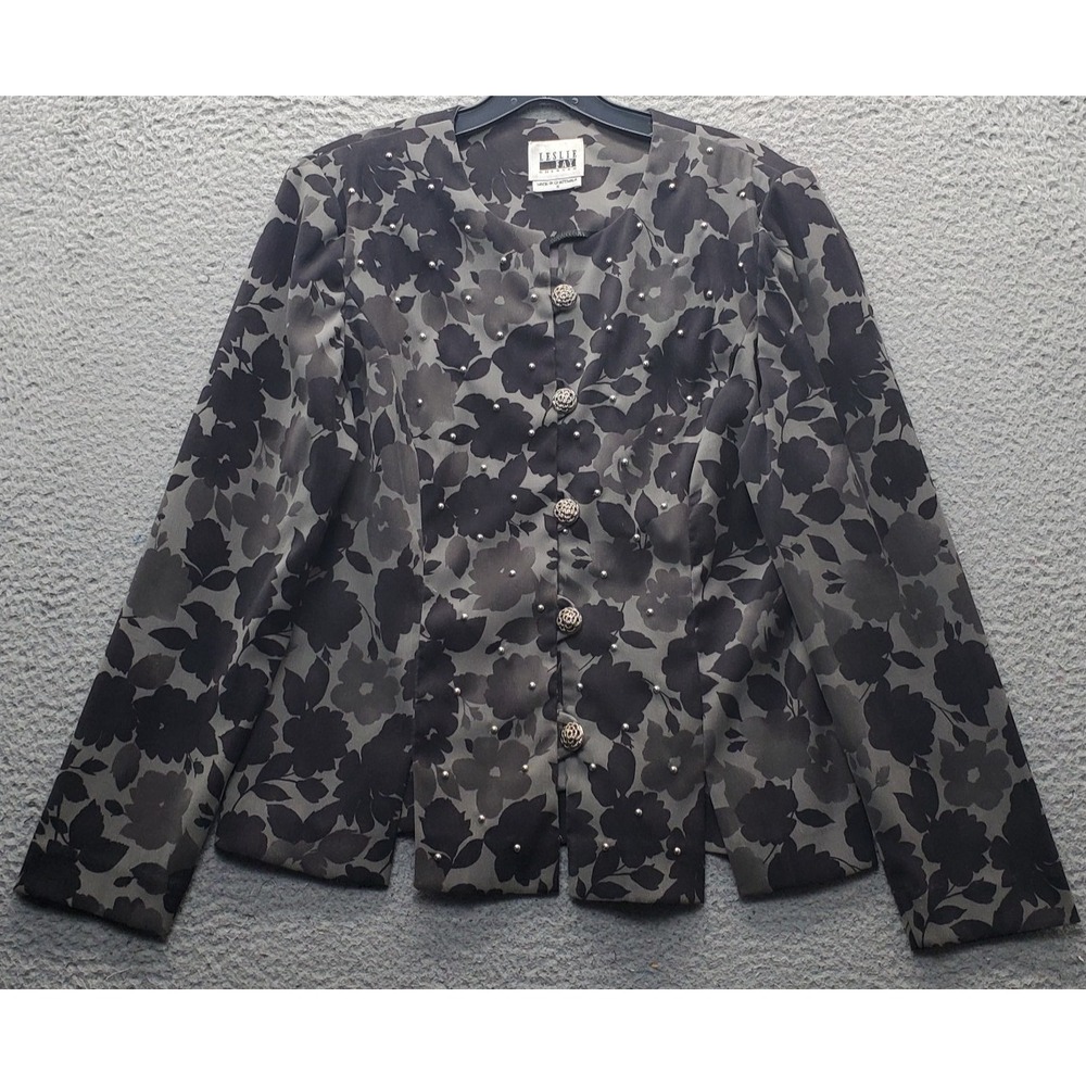 Vtg Leslie Fay Stud Jacket Women 12 Multi Floral Shoulder Pads Decorative Button